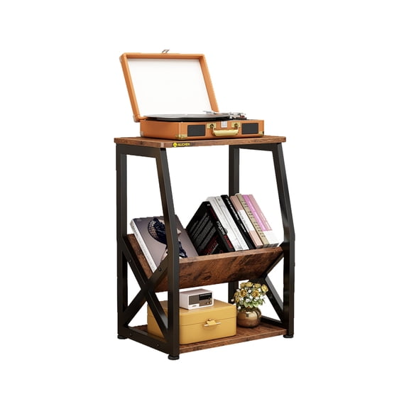 MIN EN WIN 3 Tier End Table with Vinyl Record Storage, Narrow Side Table Small Magazine Rack for Living Room Bedroom, Rustic Brown