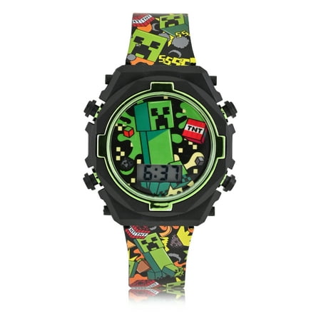 MIN4212WM Minecraft Kids Contrast Colored Case Flashing Lights LCD Watch with Printed Strap
