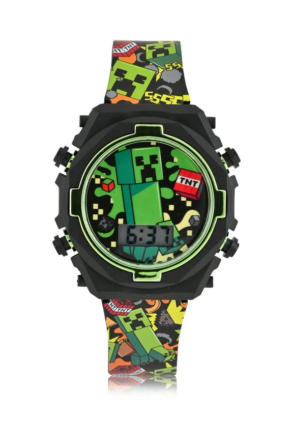 MIN4212WM Minecraft Kids Contrast Colored Case Flashing Lights LCD Watch with Printed Strap