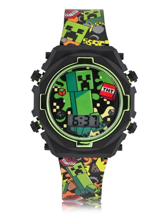 MIN4212WM Minecraft Kids Contrast Colored Case Flashing Lights LCD Watch with Printed Strap