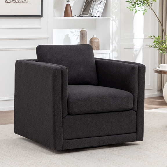 MINCETA Oversized Accent Chair, 360° Swivel Accent Chair with Metal Base, Modern Square Living Room Armchair for Bedroom, Boucle Fabric, Black