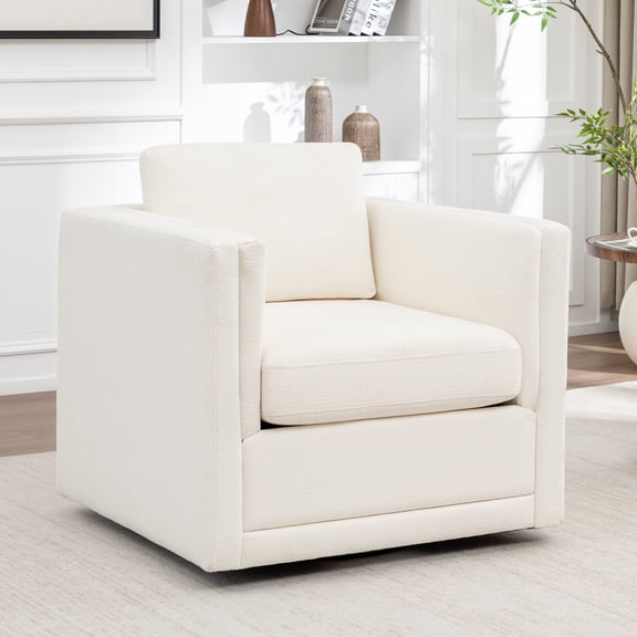 MINCETA Oversized Accent Chair, 360° Swivel Accent Chair with Metal Base, Modern Square Living Room Armchair for Bedroom, Boucle Fabric, White