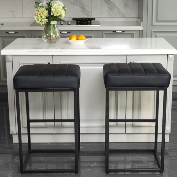 MINCETA Bar Stools,Modern Upholstered Metal Counter Height Stools with Footrest,30 Inches Set of 2,PU in Black