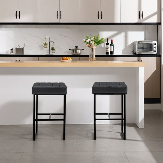 MINCETA Bar Stools,Modern Upholstered Metal Counter Height Stools with Footrest,30 Inches Set of 2,PU in Dark Gray