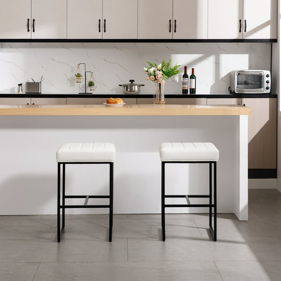 MINCETA Bar Stools,Modern Upholstered Counter Height Metal Stools with Footrest,30 Inches Set of 2,PU in White