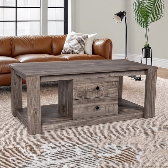MINCETA Coffee Table,Modern Wooden Rectangle Coffee Tables with Storage,2 Drawer Center Table for Living Room,Drifted Gray