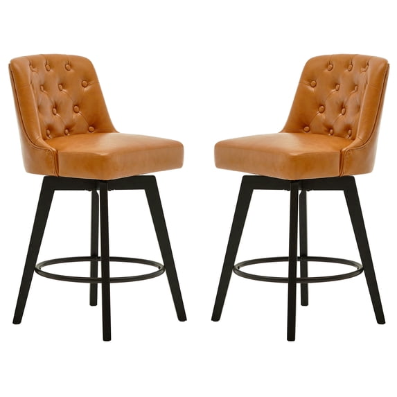 MINCETA Counter Stool,26" 360 Free Swivel Upholstered Bar Stool with Back-Set of 2-PU in Brown