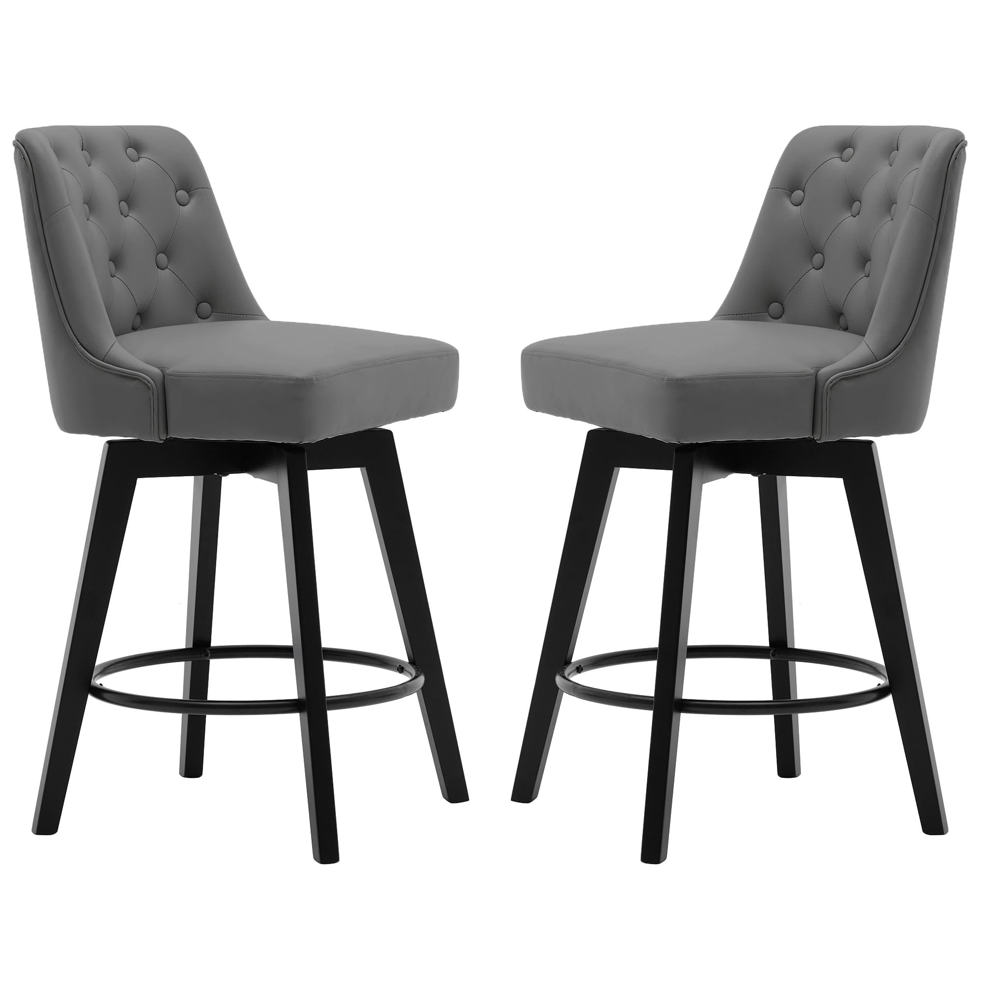 Dark Grey Faux Leather Adjustable Swivel Bar Stools, Set of 2
