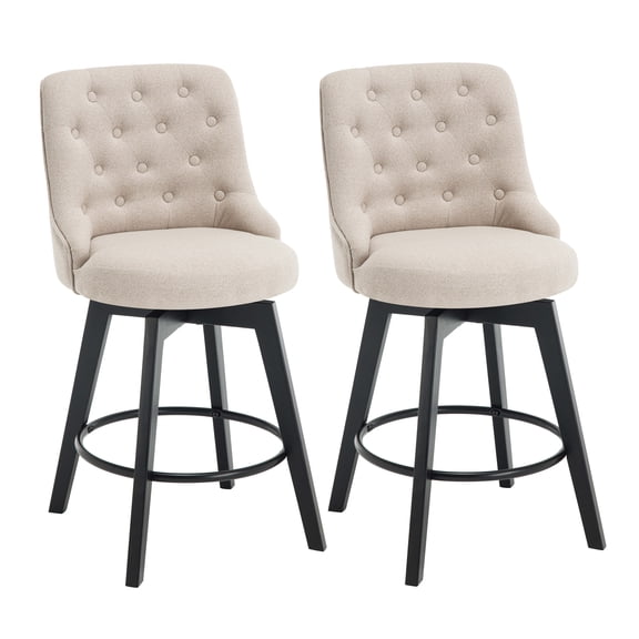 MINCETA Counter Stools,26" 360 Free Swivel Bar Stools,Modern Counter Height Upholstered Backrest Barstools with Button Tufted,Wooden Kitchen Stools Set of 2,Performance Fabric in Linen Beige