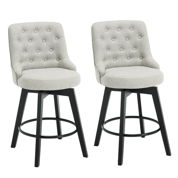 MINCETA Counter Stools,26" 360 Free Swivel Bar Stools,Modern Counter Height Upholstered Backrest Barstools with Button Tufted,Wooden Kitchen Stools Set of 2,Performance Fabric in Beige Gray