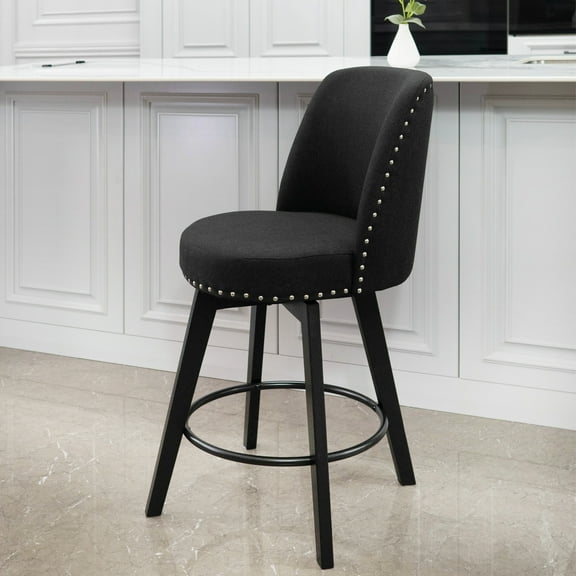 MINCETA Counter Stools,26" 360 Free Swivel High Back Full Back Upholstered Nail Head Counter Height Bar Stools,1 Piece,Performance Fabric in Black