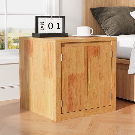 MINCETA End Table with Charging Station and USB Ports, Modern Bedside Table with Door, Rustic Wood Square Nightstand with Adjustable Storage Shelf for Living Room, Bedroom, Natural Oak