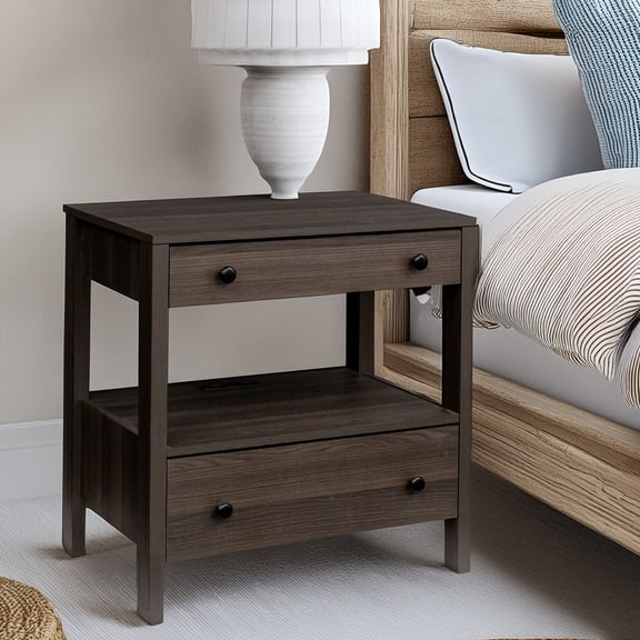 MINCETA Nightstand with Charging Station, Wood Storage End Table with 2 Drawers & Open Shelf, Modern Bedside Table with USB & Type-C Ports for Bedroom, Living Room, Espresso