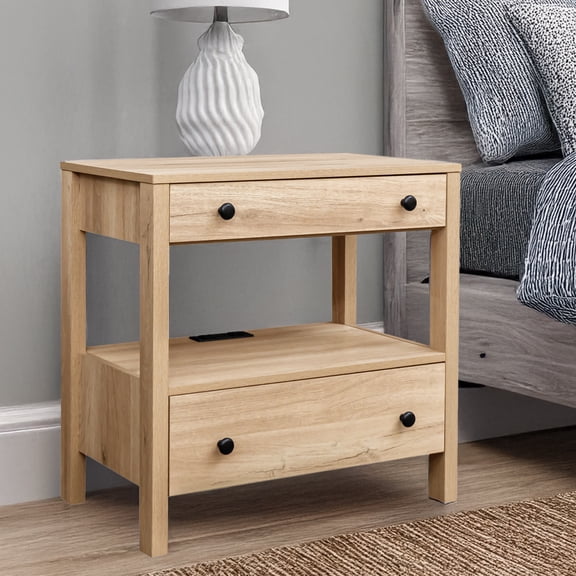 MINCETA Nightstand with Charging Station, Wood Storage End Table with 2 Drawers & Open Shelf, Modern Bedside Table with USB & Type-C Ports for Bedroom, Living Room, Weathered Timber