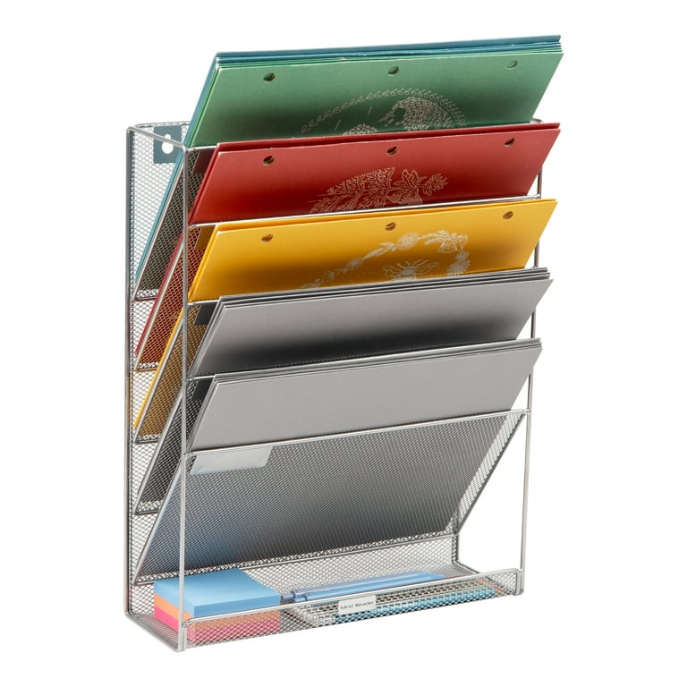 MIND READER Hanging Wall File Organizer 6 Compartment Wall Mounted Vertical File Folder and Chart Holder Magazine Letters or Mail Slot Rack with
