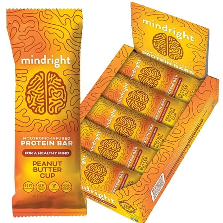 MINDRIGHT Superfood Vegan Protein Bars , Gluten Free Non-Gmo Low Sugar , All Natural Brain Food Healthy Snack To Help Enhance Mood, Energy & Focus (Peanut Butter Cup,12 Pack) Peanut Butter 1.76 Ounce (Pack of 12)