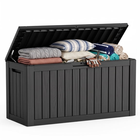 MINDYES 100 Gallon Outdoor Deck Box with Gas Struts, Patio Storage Box for Cushions, Pool Supplies and Garden Tools, Black