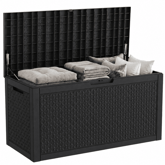 MINDYES 120 Gallon Diamond Deck Box, Geometric Texture Outdoor Storage for Patio Cushions, Pool Floats & Garden Tools, Black