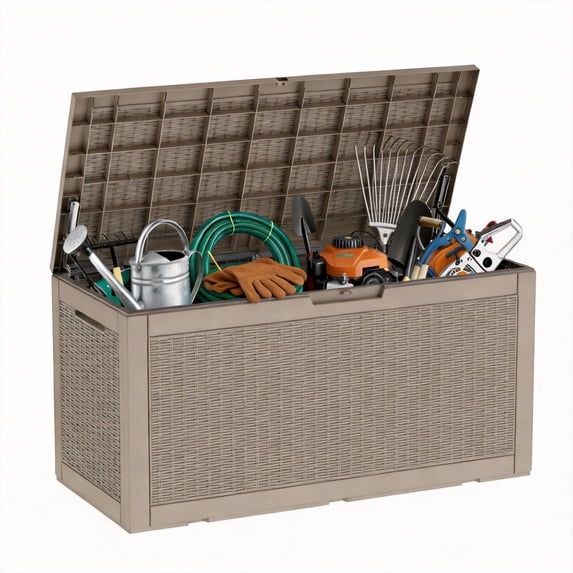 MINDYES 120 Gallon Resin Deck Box, Wicker Outdoor Storage Box for Garden Tools & Patio Cushions, Beige