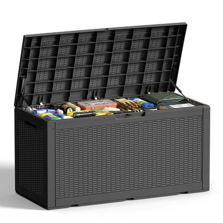 MINDYES 120 Gallon Wicker-Look Deck Box, Outdoor Patio Storage Box for Garden Tools & Backyard Cushions, Black