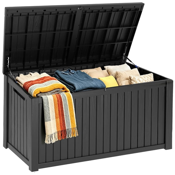 MINDYES 210 Gallon Deck Box, Mega Outdoor Storage Cabinet for Patio Furniture Cushions, Pool Equipment & Holiday Decor, Black