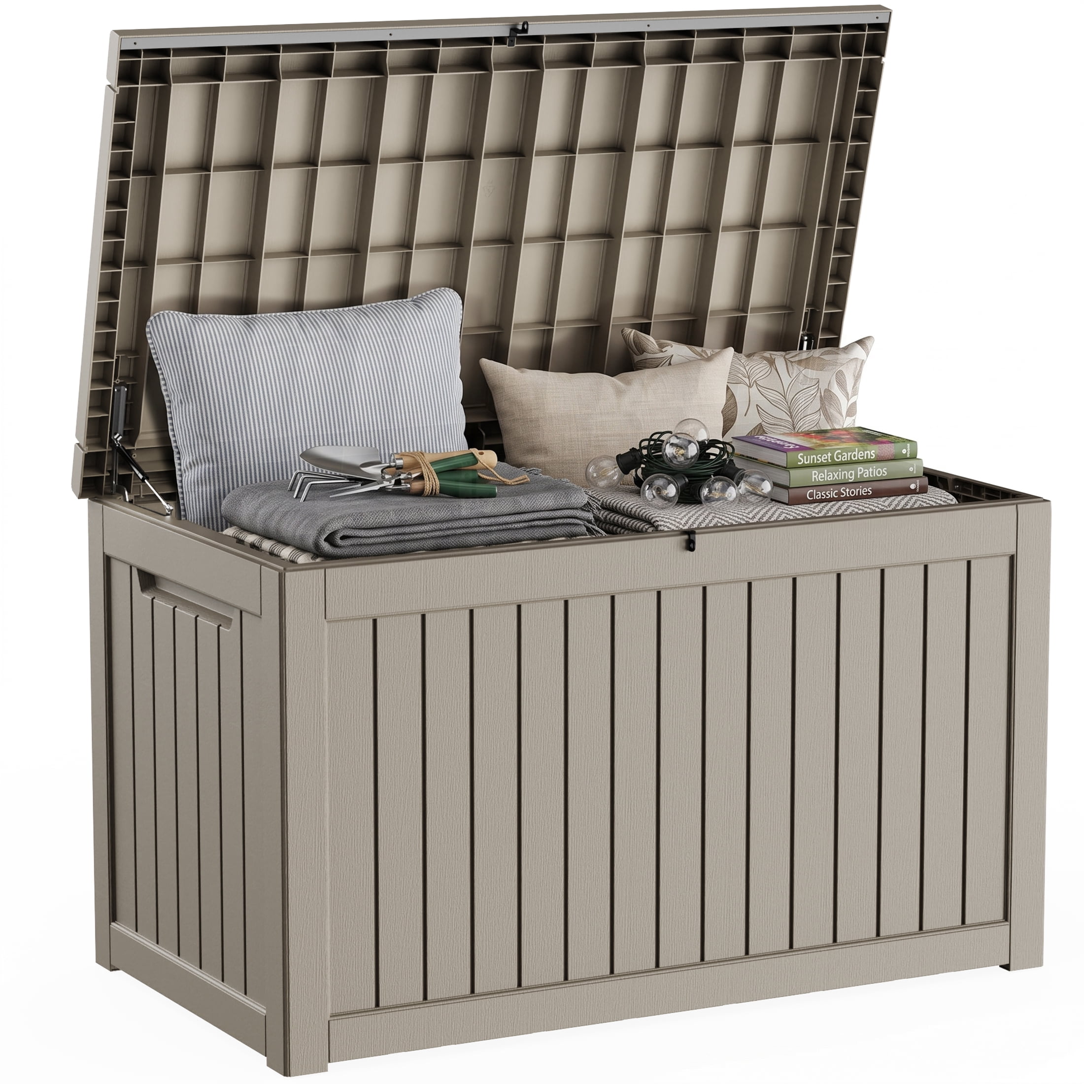 MINDYES MINDYES 260 Gallon Outdoor Deck Box, 3-IN-1 Large Storage Box for Locker, Stool & Table, Beige