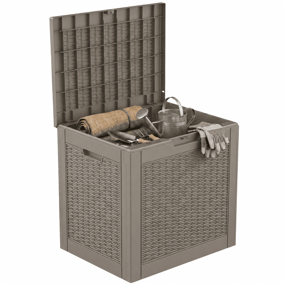 MINDYES 35 Gallon Deck Box, Wicker Outdoor Storage for Patio Cushions, Pool Toys & Garden Tools, Beige