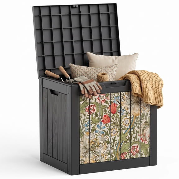 MINDYES 35 Gallon Printed Deck Box, Outdoor Resin Patio Storage Box with Lockable Lid and Side Handles, Heritage Bloom, Black