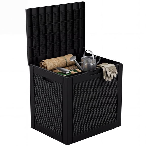 MINDYES 35 Gallon Wicker Deck Box, Outdoor Storage for Patio Cushions, Pool Toys & Garden Tools, Weatherproof Resin, UV-Resistant, Black