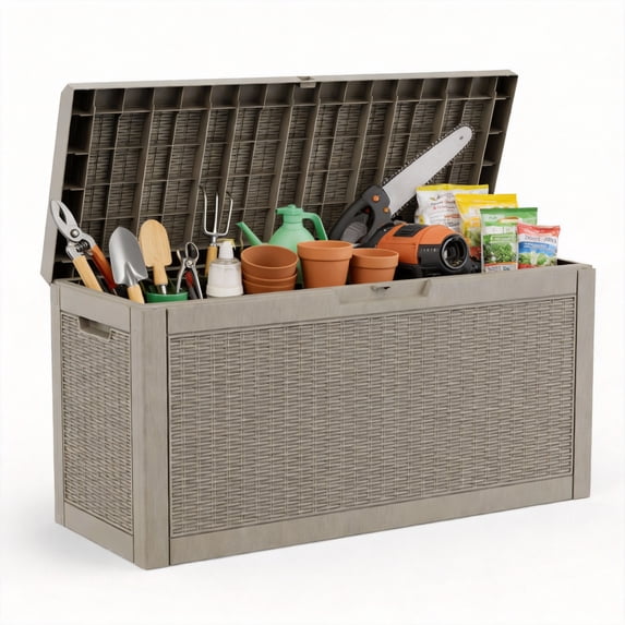 MINDYES 70 Gallon Resin Deck Box, Patio Cushions, Wicker Outdoor Storage Box Pool Toys & Garden Tools, Beige
