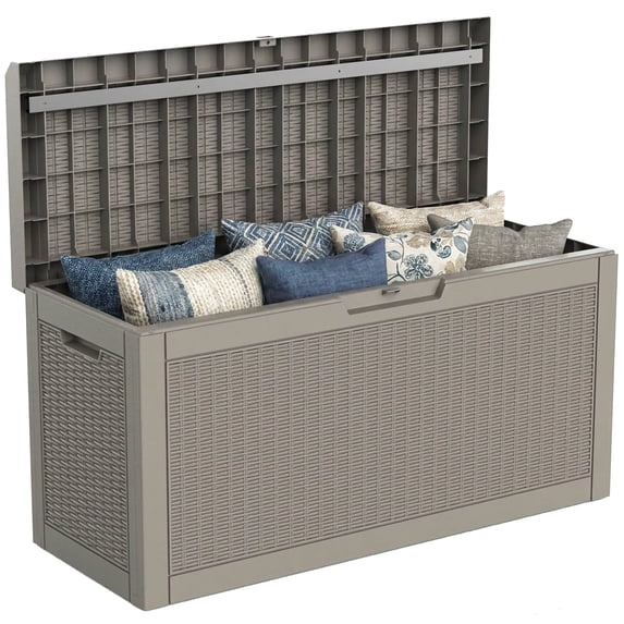 MINDYES 70 Gallon Resin Deck Box, Patio Cushions, Wicker Outdoor Storage Box Pool Toys & Garden Tools, Beige