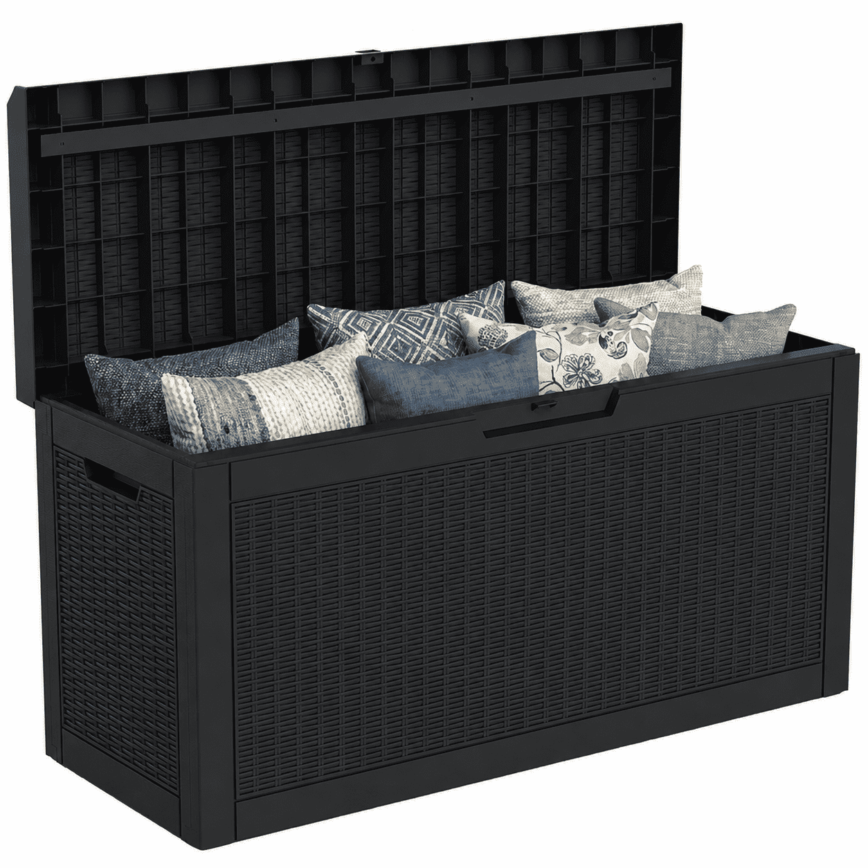 MINDYES 70 Gallon Wicker Deck Box, Outdoor Storage for Patio Cushions, Pool Toys & Garden Tools, Black