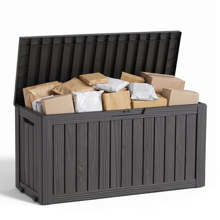 MINDYES 85 Gallon Deck Box, Backyards Cushions Outdoor Storage Box, Resin Patio Storage for Garden Tools, Black