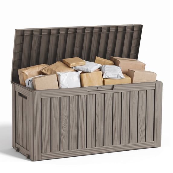 MINDYES 85 Gallon Deck Box, Waterproof UV Resistant Outdoor Storage Box for Garden Backyards, Light Brown