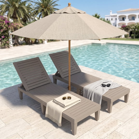 MINDYES Backyard Patio Lounge Chair, Wood Look Pool 5 Positions Chaise Lounge Chair, Beige