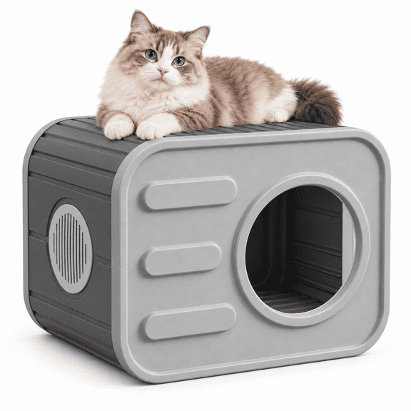 MINDYES Camera-Shaped Cat House, Indoor Outdoor Pet Shelter with Side Vent, Cat Hideaway for Cats Kittens and Small Pets, Gray