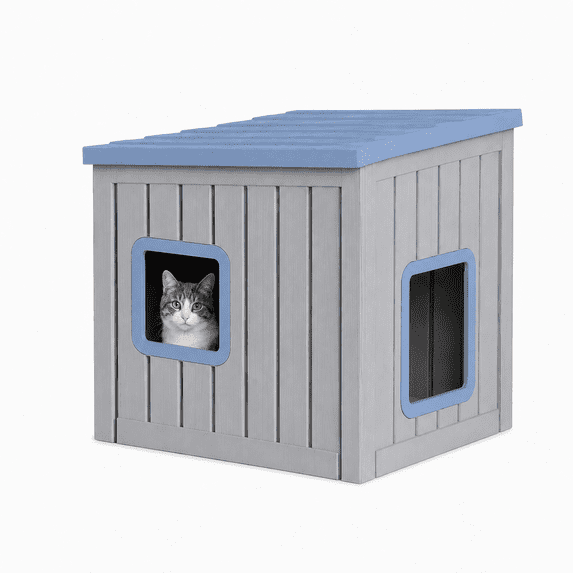 MINDYES Cat House, Outdoor Pet Shelter with Weatherproof Roof Removable Lids & Ventilation window, Blue