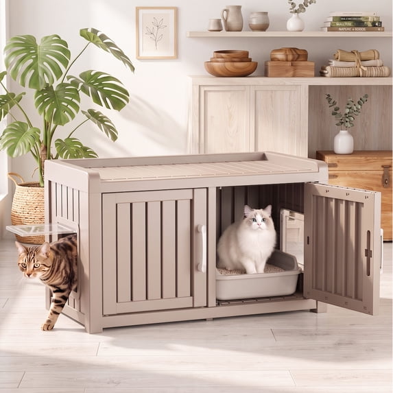 MINDYES Cat Litter Box Furniture Enclosure, Dual-Door Cat Cabinet for Bedroom Hallway & Courtyard, Light Brown