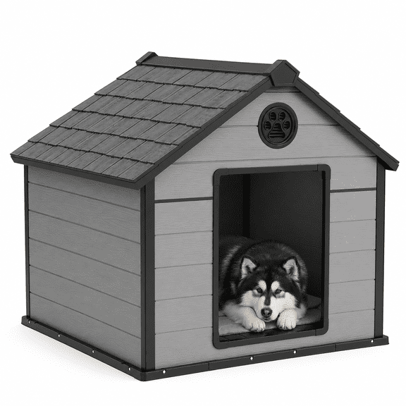 MINDYES Large Dog House, 46" Pet Dog Shelter with Weatherproof Roof & Porch, Black Gray