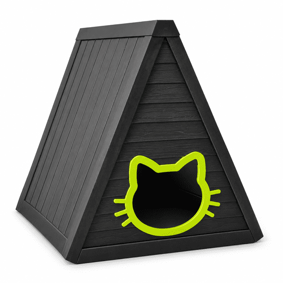 MINDYES Outdoor Cat House, Weatherproof Roof & Cat-shaped Door for Cats Kittens & Puppies, Black