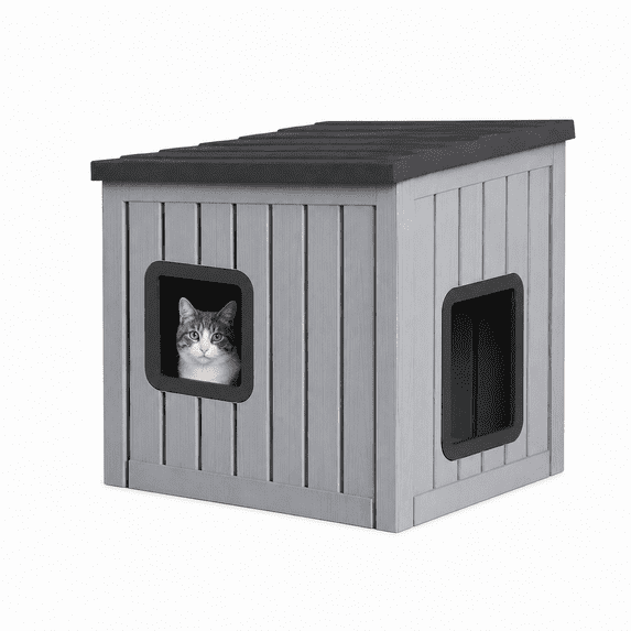 MINDYES Outdoor Cat House, Weatherproof Roof Removable Lids & Ventilation window for Cats Kittens & Puppies, Gray