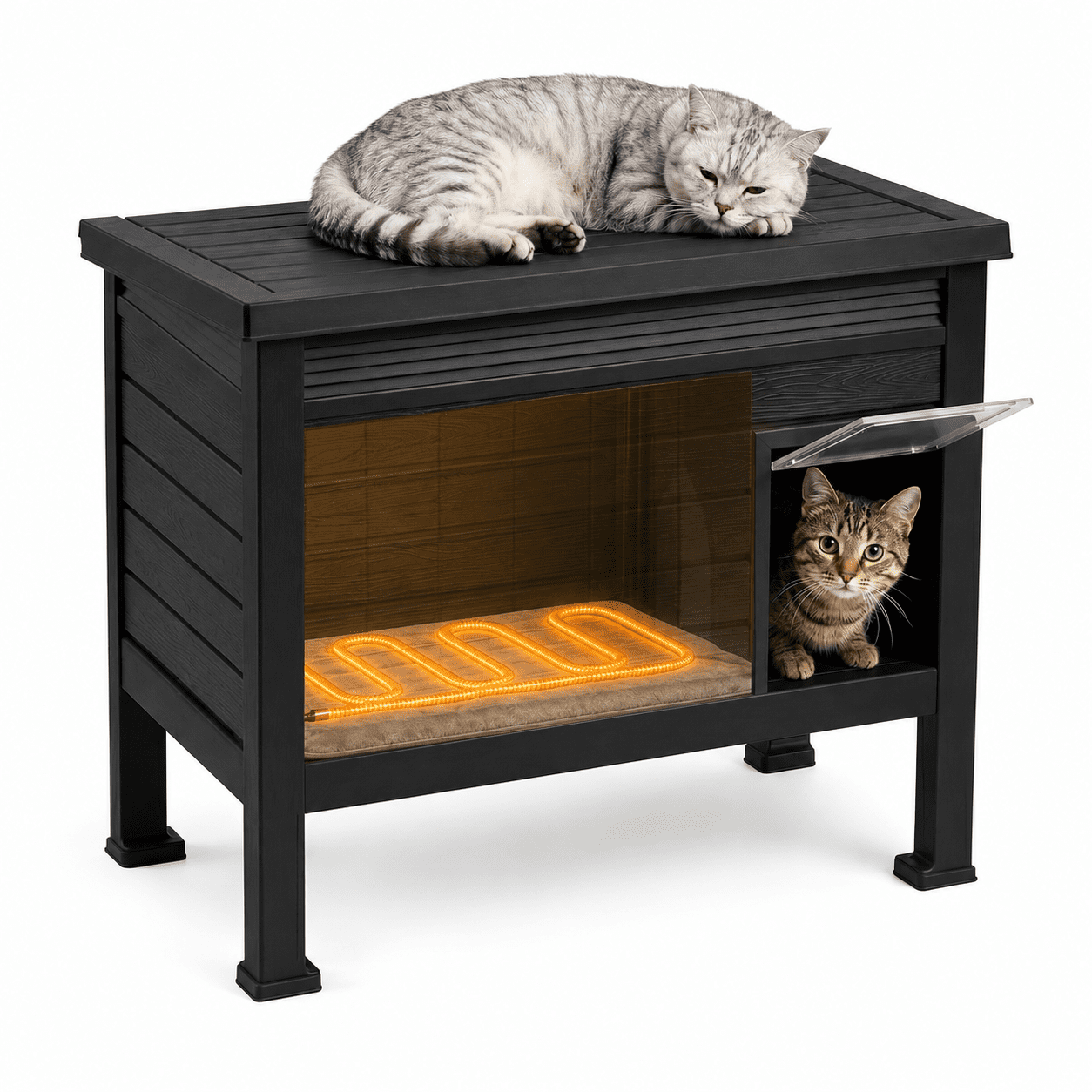 MINDYES Outdoor Cat House with Heating Pad, Pet Shelter with Weatherproof Roof & Stent, Black