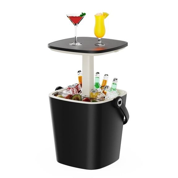 MINDYES Resin Ice Bucket with Lid, Outdoor Beverage Cooler with Side Table for Pool Patio Garden, Black