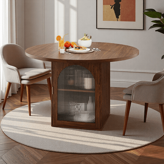 MINESTIA  47" Round Dining Table with Storage Cabinet, Modern Kitchen Table with Pedestal Base & Ribbed Glass Doors Oval Circle Dinner Furniture for Living Room Kitchen, Living Room