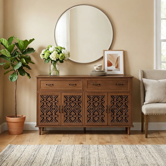 MINESTIA 59" Accent Cabinet with 4 Doors, Vintage Hollow Carving Sideboard Buffet Cabinet with Adjustable Shelves Credenza for Living Room, Kitchen, Dining Room