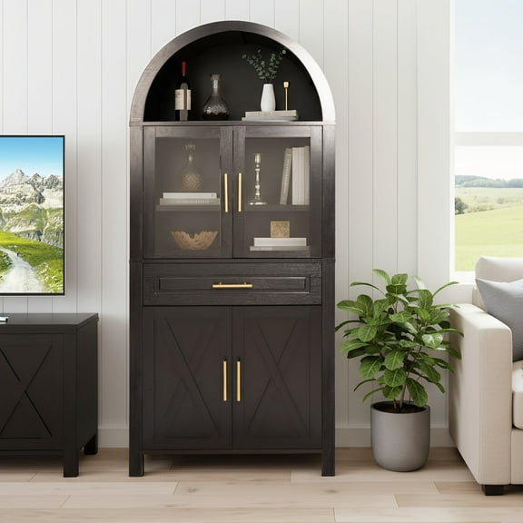 MINESTIA 71" Tall Arched Bookshelf,  Modern Farmhouse  Arch Bookcase with Glass Door & Adjustable Shelves Display Cabinet Book Shelf for Kitchen, Living, Dining Room