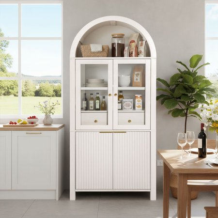 MINESTIA 71" Tall Arched Pantry Cabinet, Modern Kitchen Storage Cabinet with Glass Doors & Adjustable Shelves, Versatile Cupboard for Kitchen, Living Room, Dining Room