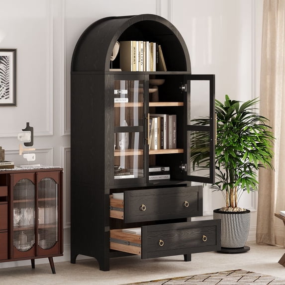 MINESTIA 71" Tall Arched bookcase, Arched Kitchen Pantry Cabinet with 2 Large Drawers, Adjustable Shelves, Glass Door