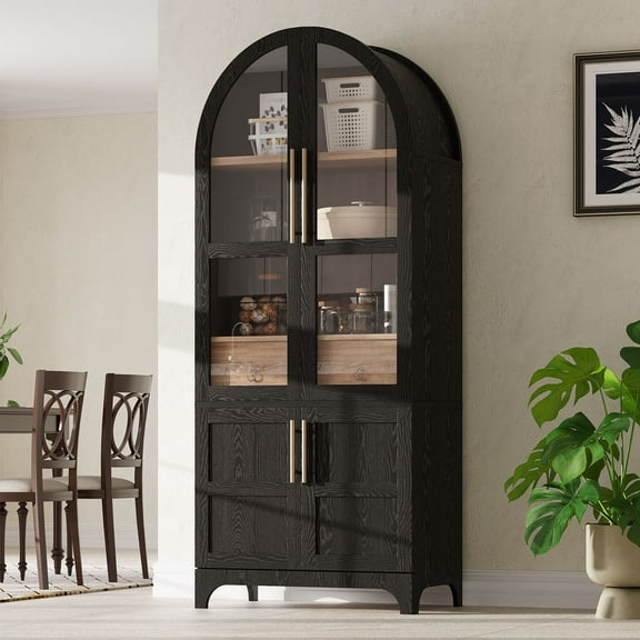 MINESTIA 71" Tall arched bookcase, Arched Kitchen Pantry Cabinet with Open & Adjustable Shelves, Hidden Drawer & Glass Door, Cupboard for Kitchens, Dining Room