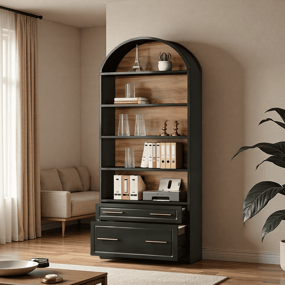 MINESTIA 76.83" Tall Arched Bookshelf, 5-Tier Arch Bookcase, Open Display Shelves Modern Book Shelf for Bathroom, Living Room, Entryway,